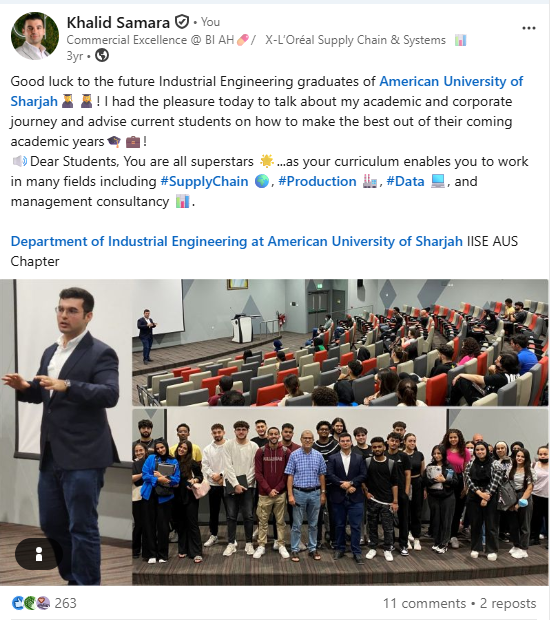 Khalid Samara speaking with Industrial Engineering students at American University of Sharjah